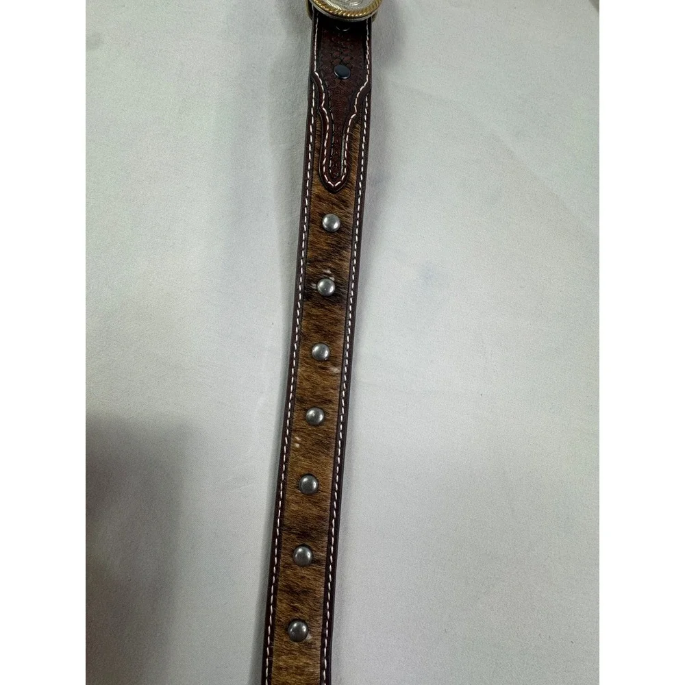 Ariat Mens Western Leather Belt Bull Rider Trophy Buckle Hair on Hide Brown 34
